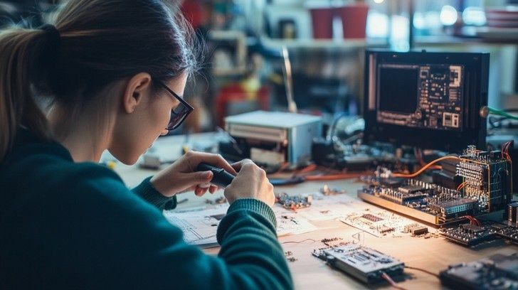 Technician assembling electronic components beside a circuit board workstation