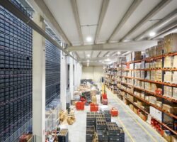 Warehouse aisle with component bins, pallets, and stocked storage racks
